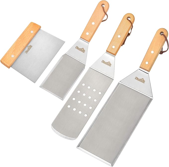 Stanbroil Metal Spatula and Bench Scraper Set for Griddle, Commercial Grade Stainless Steel Flat Top Grill Utensils, Set of 4