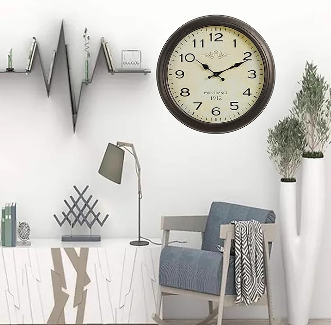 16 Inch Vintage Wall Clock, Silent Non-Ticking Quartz Battery Operated Decorative Clock for Home, Kitchen, Living Room, Dining Room, Office, Antique Brown Arabic Number