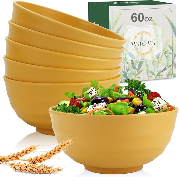 Wheat Straw Bowls Set 60 OZ Unbreakable Large Cereal Bowls Set of 6 Microwave and Dishwasher Safe Bowls Big Bowls for Apartment and Dorm BPA Free Soup Bowl for Serving Oatmeal and Salad Yellow