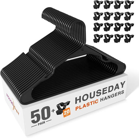 HOUSE DAY Black Plastic Hangers 50 Pack with 20 Connector Hooks, Premium Slim Space Saving Closet Organizers, Non-Slip & Heavy Duty Clothes Hangers for Coat, Suit, Shirt, Dress