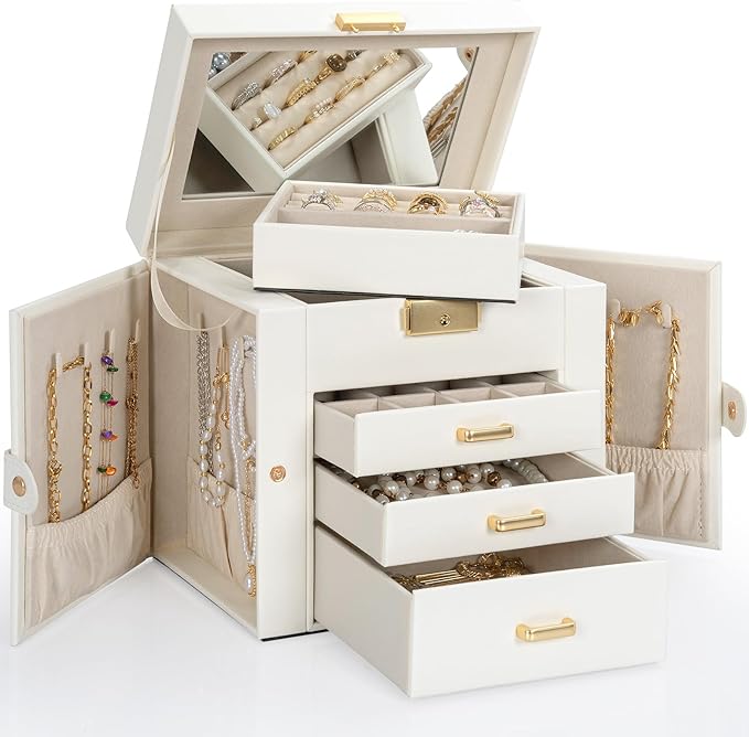 AKOZLIN 4-Tier Jewelry Box Leather Jewelry Storage Organizer with 3 Drawers Lockable for Women Girls Ring Necklace Earring Bracelet Holder with Mirror White