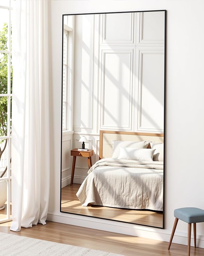 Suidia Full Length Mirror, 76"x34" Floor Standing Mirror Freestanding, Full Body Mirrors with Stand for Bedroom, Hanging Mounted for Living Room Cloakroom, Black, Rectangular Style