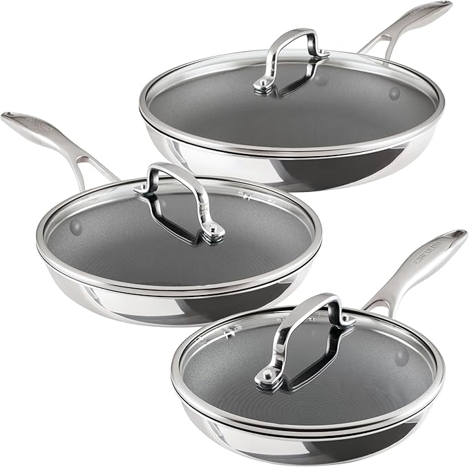 Circulon C1 Series Clad Stainless Steel with ScratchDefense Technology Cookware Nonstick Induction Frying Pans/Skillets with Lids, Metal Utensil Safe, 6 Piece Set - Polished Stainless Steel