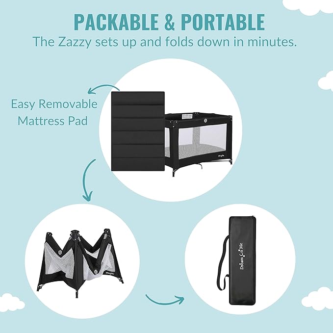 Dream On Me Zazzy Portable Playard with Bassinet in Black, Lightweight Packable and Easy Setup Baby Playard with Mattress and Travel Bag