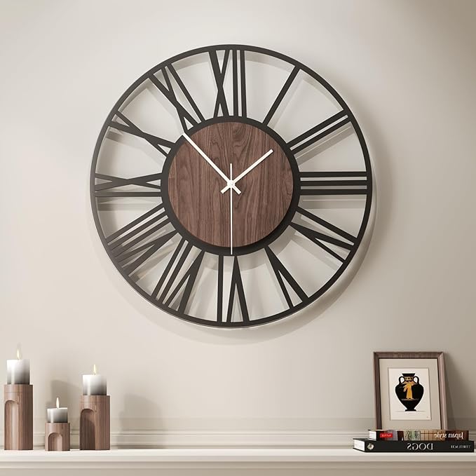 24 inch Large Wall Clock for Living Room Decor, Decorative Wood Metal Wall Clock Battery Operated Silent Non Ticking, Modern Black Round Big Clocks for Bedroom, Kitchen, Office Decor-Roman Numerals