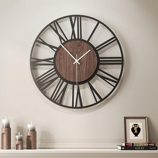 24 inch Large Wall Clock for Living Room Decor, Decorative Wood Metal Wall Clock Battery Operated Silent Non Ticking, Modern Black Round Big Clocks for Bedroom, Kitchen, Office Decor-Roman Numerals