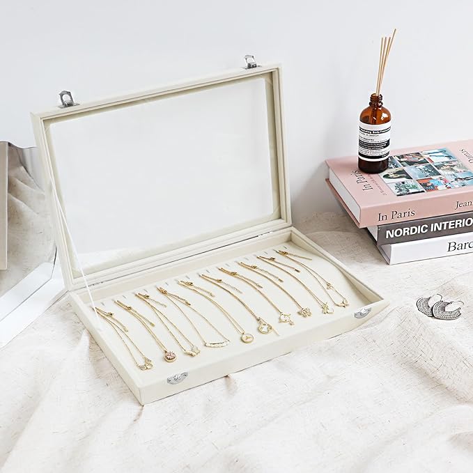 Wudygirl Necklace Organizer with Clear Glass Lid Stackable Jewelry Organizer Tray with 20 Hooks for Necklace Bracelet(Beige Necklace Box)