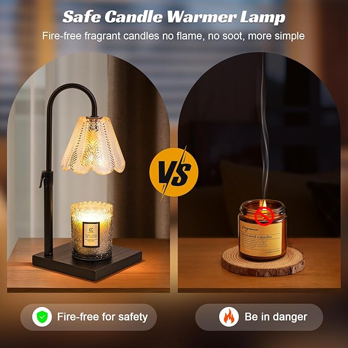 Golden Floral Candle Warmer Lamp with Timer & Dimmable Light - Adjustable Height Jar Candle Melter with Ebony Wooden Base, Home Decor Gift Set (Includes 2 Bulbs)