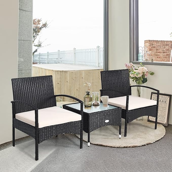 COSTWAY 3 PCS Patio Wicker Conversation Set, PE Rattan Sofa with Tempered Glass Coffee Table, 2 Chairs, 2 Cushions, Outdoor Patio Furniture Set for Yard Porch Bistro Balcony Backyard Pool, White