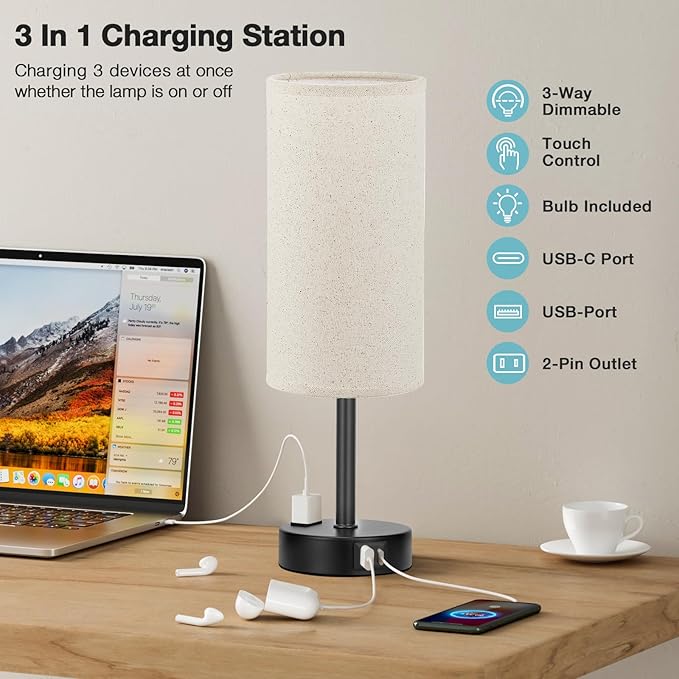 Beige Touch Table Lamp for Bedroom - 3 Way Dimmable Bedside Lamp USB C Charging Ports and AC Outlet, Small Lamp with Fabric Shade Black Base for Living Room, Office Desk, LED Bulb Included
