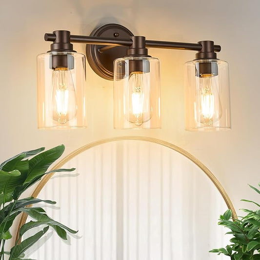 Bathroom Light Fixtures Wall Sconce Light with Clear Glass Oil Rubbed Bronze 3 Lights Bathroom Lighting Over Mirror Vanity Lights for Living Room,Bedroom,Restroom,Hallway E26 Base