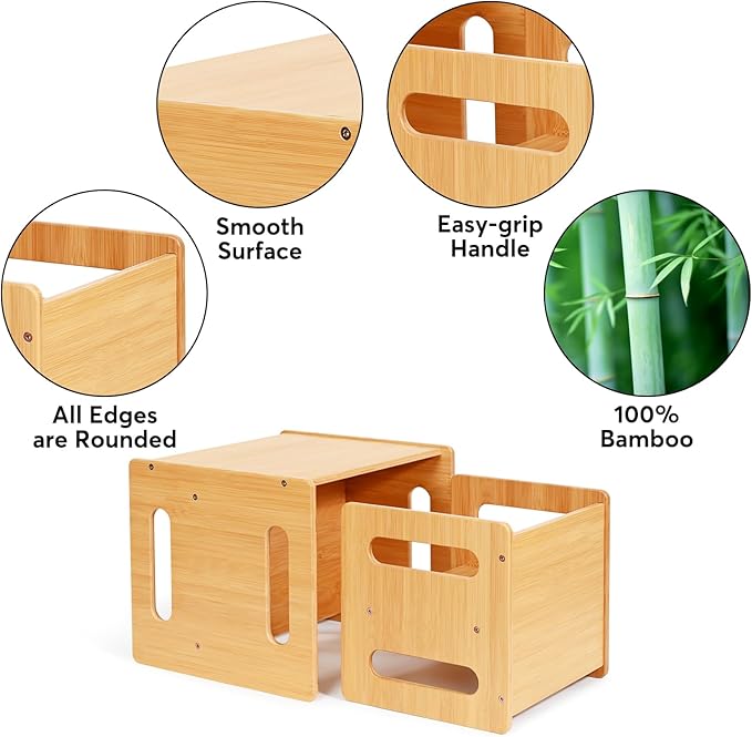 Kids Table and Chair Set, Montessori Weaning Table and Chair,Natural Bamboo Small Desk Chair,Toddler Activity Table and Chair Set for 1-3 Year Old Kids Dinner,Reading,Playing Toys, CPC Certified