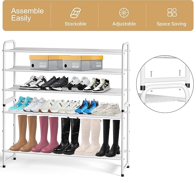 KEETDY 3-Tier Long Shoe Rack for Closet Metal Shoe Organizer for Entryway, Wide Stackable Shoe Storage Shelf with Sturdy Wire Grid for Closet Floor, Bedroom, White