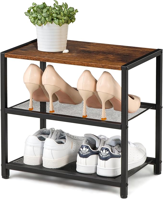 3-Tier Small Shoe Rack Wooden Shoe Shelf Storage for Entryway, Closet, Hallway, and Bedroom, Industrial Shoe Organizer with Sturdy Metal Mesh Shelves