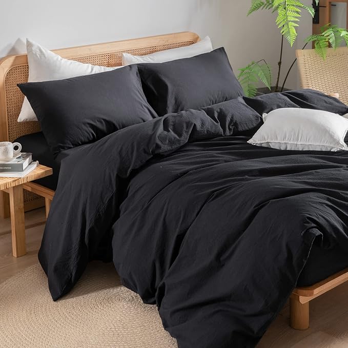BESTOUCH Duvet Cover Set 100% Washed Cotton Linen Feel Super Soft Comfortable Chic Lightweight 3 PCs Home Bedding Set Solid Deep Black Super King