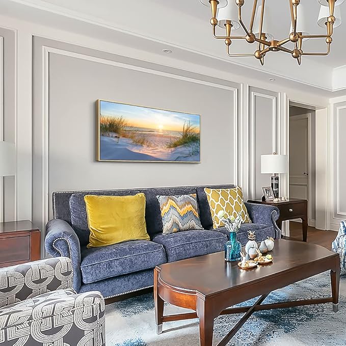 MHARTK66 Natural Wood Framed Wall Art for Living Room Modern Wall Decor for Bedroom Office Decor Beach Landscapes Painting Canvas Art Prints Ready to Hang Wall Pictures Blue Ocean Artwork 20" X 40"