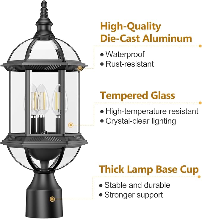 Large Outdoor Post Lights,19.21" 3-Light Lamp Post Light Fixture,Hardwired 120V Exterior Waterproof Pole Lighting,Modern Black Aluminum Lantern for Garden, Yard, Patio, Pathway
