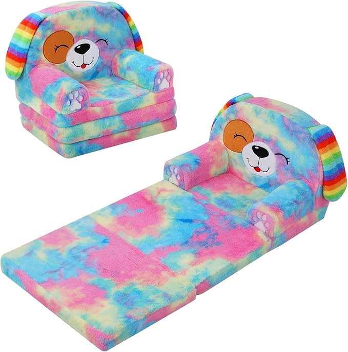 Kids Couch Comfy Foldable Kids Sofa to Lounger 2 in 1 Toddler Chair Plush Baby Sleeper Chair for Playing and Napping, Birthday Gifts for Boys and Girls