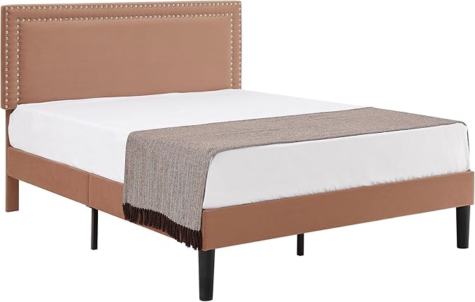 VECELO Bed Frame Queen Size with Adjustable Upholstered Headboard, Wooden Slats Platform, Noise-Free Design, Easy Assembly
