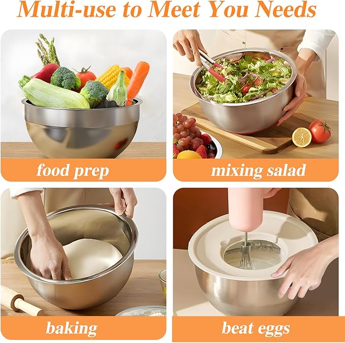 Mixing Bowls with Lids Set, 6 PCS Stainless Steel Mixing Bowls with 3 Grater Attachments, Kitchen Food Storage Organizers Nesting Mixing Bowl, Large Size 4.5, 3.5, 2.1, 1.5, 1.1, 0.7QT