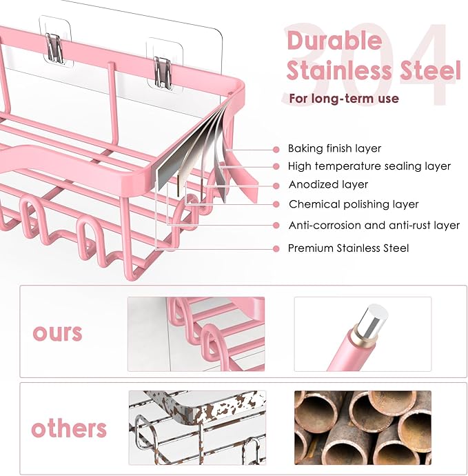 Shower Caddy Adhesive Shower Organizer 7-Pack, Rustproof Stainless Steel Bathroom Shelves, Large Capacity No-Drill Rack Storage Accessories with Soap Dish Toothbrush Holder Hooks (Pink)