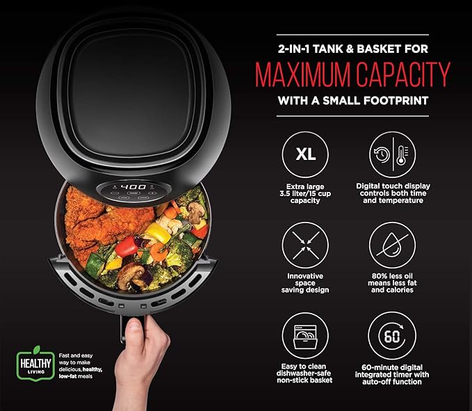 CHEFMAN Small Air Fryer Healthy Cooking, 3.6 Qt, User Friendly, Nonstick, Digital Touch Screen, Dishwasher Safe Basket, w/ 60 Minute Timer & Auto Shutoff, Matte Black, Cookbook Included