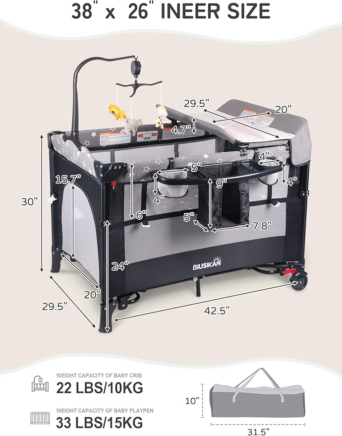 Bedside Bassinet for Baby, Portable Baby Crib with Mosquito Net, Mattress, Diaper Changer, Playpen for Newborn to Toddles, Pack and Play with Bassinet, 5 in 1 Bedside Crib