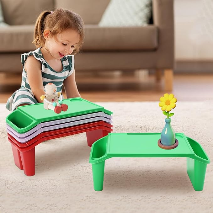 Set of 6 Kids Lap Desk Tray, Portable Activity Table, Plastic, Stackable for Drawing, Writing, Eating, Classroom, 19.69" L x 9.84" W x 7.09" H (Red, Green, Purple)