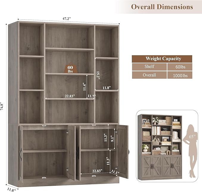 HOSTACK 75” Tall Book Shelf and Bookcase, Bookshelf with Storage Cabinet, 47” Wide Bookcase with 4 Doors, Standing Display Shelves, Modern Farmhouse Book Case for Living Room, Home Office, Ash Grey