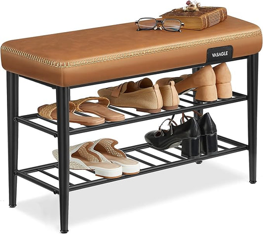 VASAGLE EKHO Collection - Shoe Rack Bench, Storage Bench for Entryway, Synthetic Leather with Stitching, Mid-Century Modern, Loads 300 lb, 11.8 x 31.5 x 19.7 Inches, Caramel Brown ULSB054K01