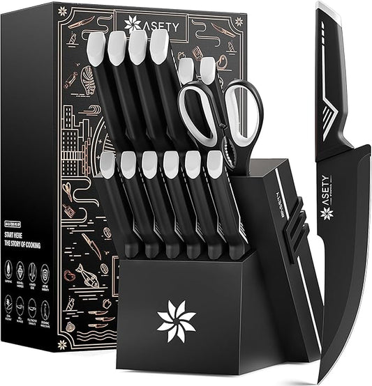 Knife Set - 15 PCS Kitchen Knife Set with Built-in Knife Sharpener Block - Stainless Steel Knife Block Set - Dishwasher Safe, Elegant Box for Men Women, White