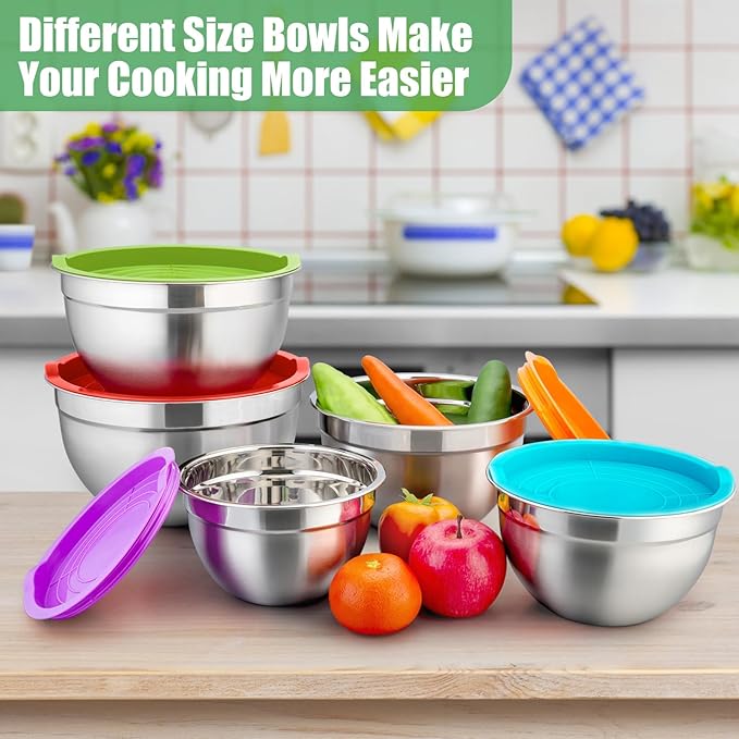 P&P CHEF Mixing Bowl with Airtight Lid Set of 5, 10-Piece Stainless Steel Nesting Salad Bowl Set for Prepping, Mixing and Serving, Size 4.6, 3, 1.5, 1, 0.7 QT, Rimmed Edges & Flat Base, Multicolor