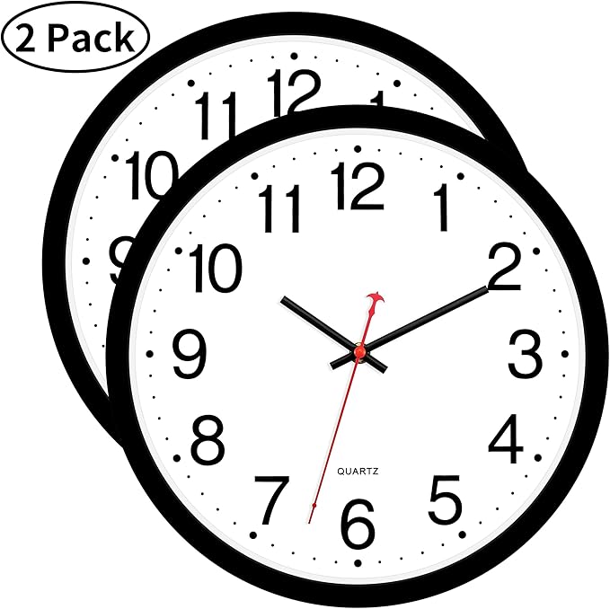 Foxtop 2 Pack Black Wall Clock, 12 Inch Silent Non Ticking Quartz Battery Operated Round Analog Wall Clock for Classroom School Office Living Room Bedroom Home