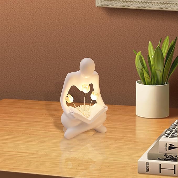 Reading Women Statue with Tulip Lamp, Thinker Sculptures with Night Light, Abstract Art Ornament, Modern Aesthetic Figurine Decoration for Home Living Room Bedroom Office Table Desk Bookshelf Decor