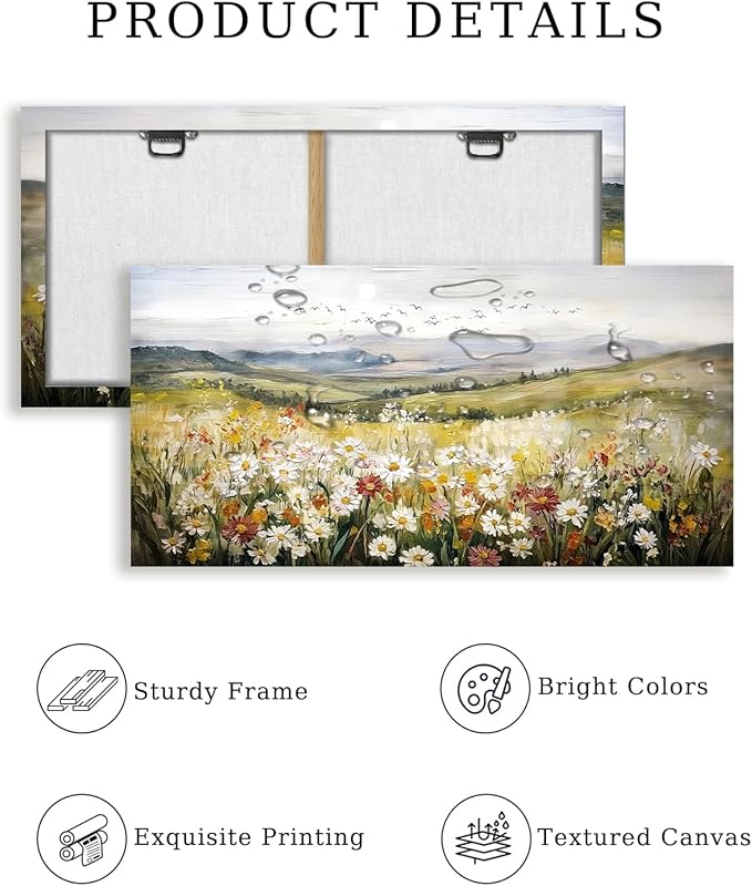 SERIMINO Mountain Floral Landscape Wall Art, Daisy Wildflower Large Canvas Painting, Hill Sunrise Scenery Wall Pictures, Modern Country Aesthetic Wall Decor Living Room Bedroom Art Prints 24X48 Inch
