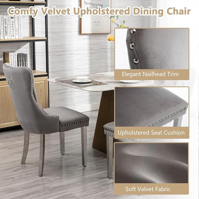 Goujxcy 3 Piece Round Glass Dining Table Set for 2, 36" Round Dining Table & Chair Set Modern Circle Glass Kitchen Table and 2 Velvet Upholstered Chairs for Kitchen Dining (Silver Table & Grey Chair)