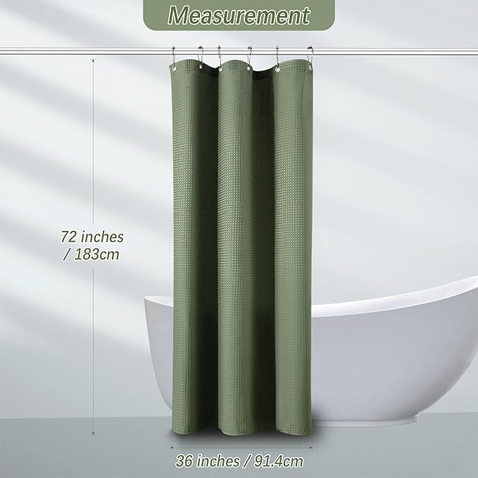 Green Stall Shower Curtain Waffle Weave Fabric, Luxury Waterproof 256GSM Heavy Duty Camper Shower Curtain for Travel Trailers with 6 Metal Hooks, 36Wx72H Sage Green