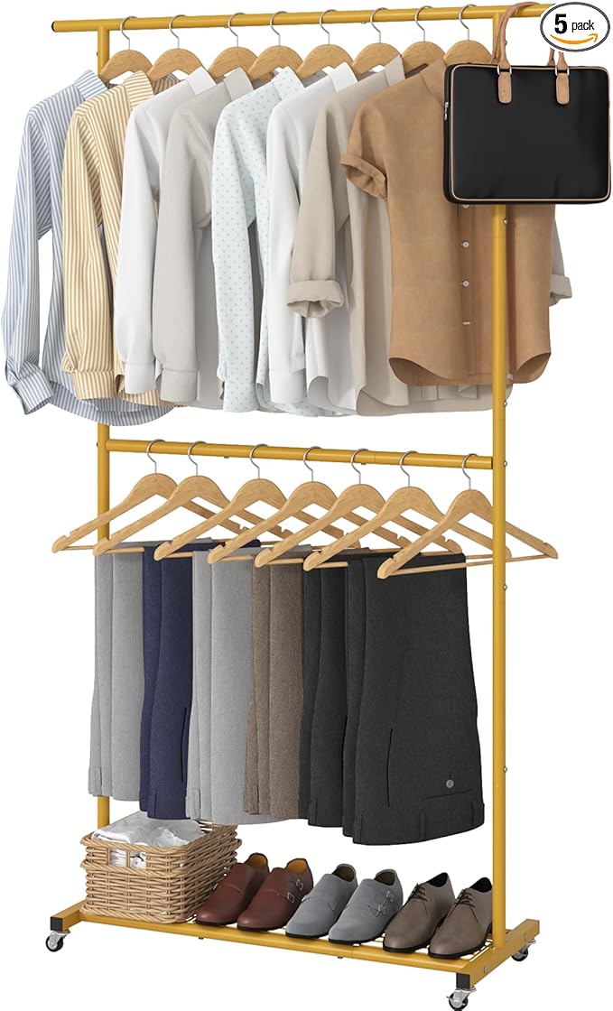 Sywhitta Double Rod Clothing Garment Rack, Rolling Coat Hanger with Bottom Mesh, Clothing Rack for Hanging Clothes, Coats, Skirts, Sweaters, Gold