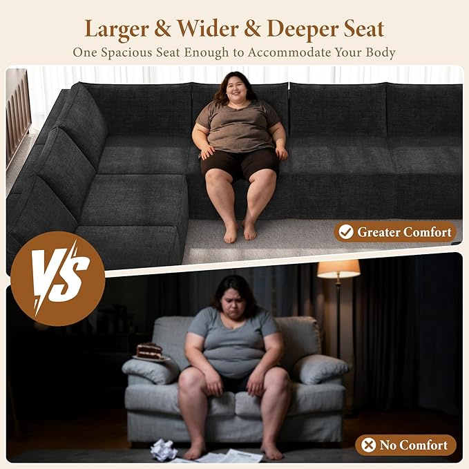 Vesgantti 143.7" Oversized Boneless Sectional Couch, Modern 6 Seater Modular Sofa with Ottoman & Deep Seat, Convertible Chenille Cloud Couches for Living Room, No Assembly Required, Black