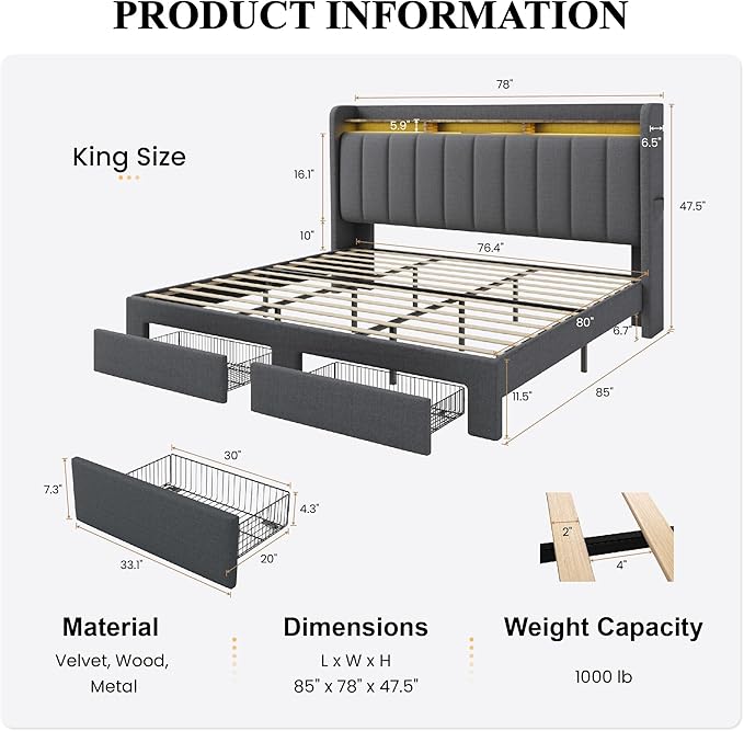 SHA CERLIN King Size Platform Bed Frame with Vertical Channel Tufted Wingback Headboard & 2 Storage Drawers/2-Tier Shelves with LED Lights & Charging Station/Noise-Free/No Box Spring Needed/Dark Grey