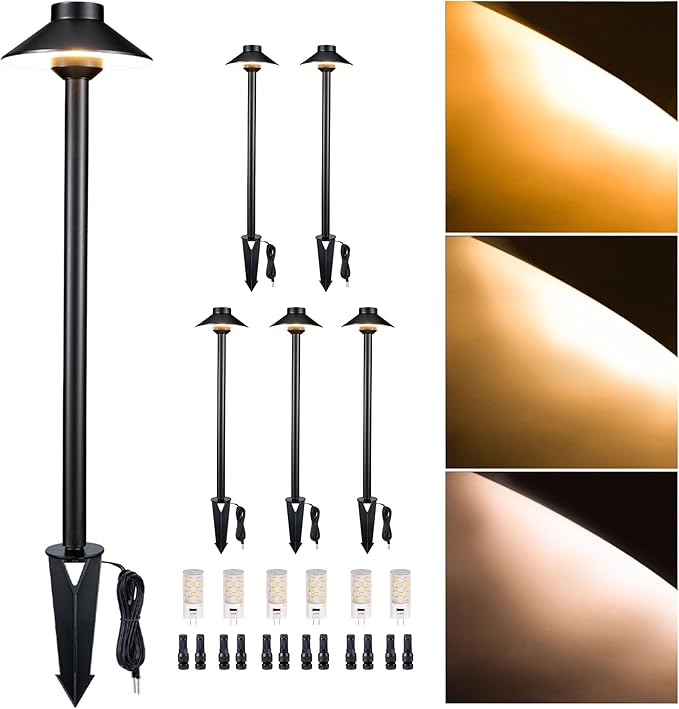 Low Voltage Landscape Lighting Brass, Warm & Neutral White Adjustable 12v Pathway Lights Waterproof, Black Path Light for Outdoor Exterior Area Patio House with 3W 270LM G4 Bulb (6 Pack)
