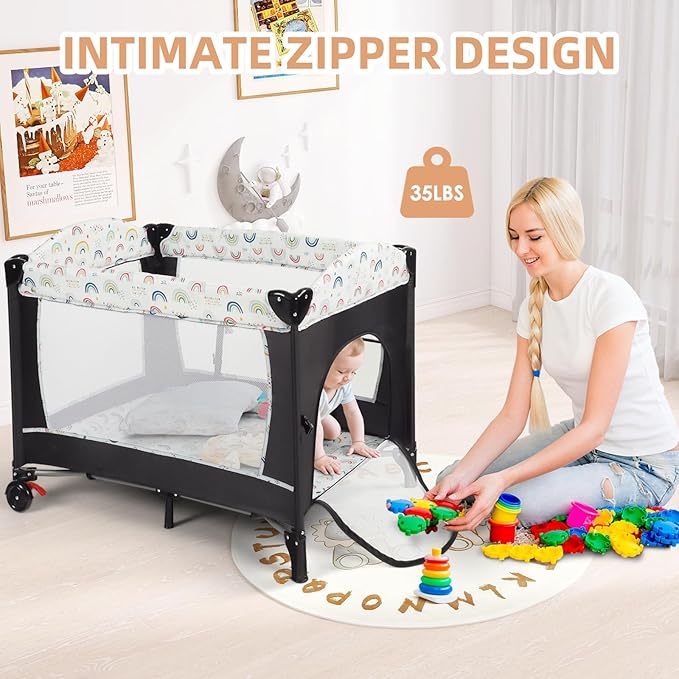 Kinder King 4 in 1 Portable Nursery Center, Foldable Baby Bedside Crib w/Bassinet, Infant Pack n Play Playard Toddler Large Playpen, Newborn Changing Table, Storage Basket, Side Zipper,Multicolour