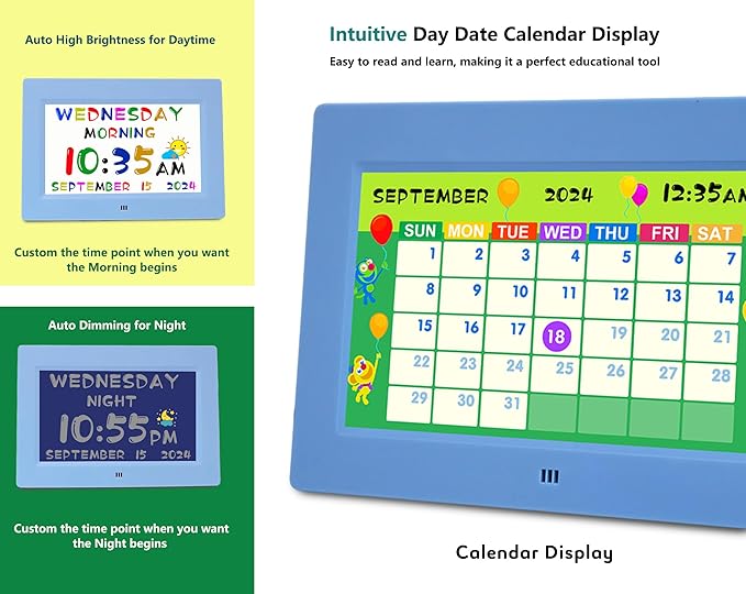 MASSII 2025 Digital Teaching Clock Talking Time, 24 Alarms Custom Reminders, Checklist to-Do List, Auto DST & Calendar Display, Sleep Trainer, Easy to Use for Kids Birthday Gift- Blue with Remote
