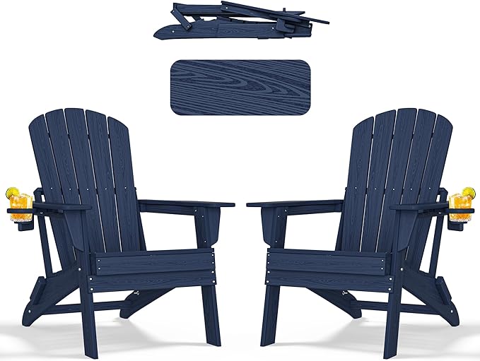 nevilywood Folding Adirondack Chair - Extended Ergonomic Backrest, Cup Holder - Easy Assembly - Durable HDPE Plastic, Weather Resistant & Maintenance-Free - Lawn, Patio, Deck Supports 380lbs NavyBlue