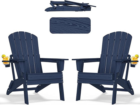nevilywood Folding Adirondack Chair - Extended Ergonomic Backrest, Cup Holder - Easy Assembly - Durable HDPE Plastic, Weather Resistant & Maintenance-Free - Lawn, Patio, Deck Supports 380lbs NavyBlue