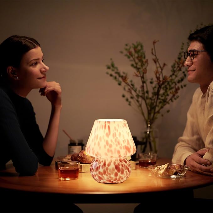 Cute Mushroom Lamp | Small Bedside Nightlight for Bedroom & Living Room | Adorable Blush Pink Translucent Glass Desk Light with E26 3000K Warm Bulb | Perfect Home Decor Gift for Girls & Women