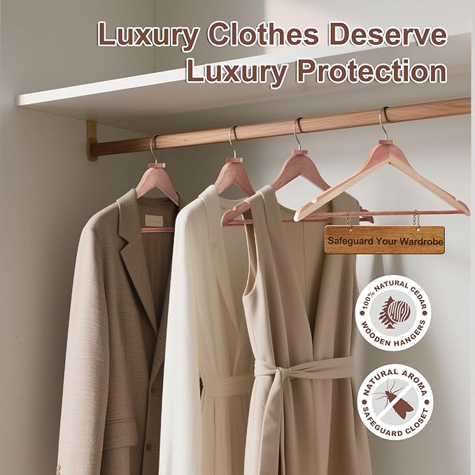 HOUSE DAY Cedar Hangers for Closet, Smooth Cedar Wood Hangers 10 Pack with Rings, 360° Swivel Hook, U-Shape Notched, Non Slip Pant Bar, Sturdy Wooden Clothes Hanger for Coats, Dresses, Suits