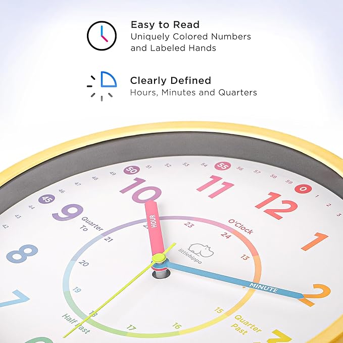 LittleHippo Learning Clock for Kids for Teaching to Tell Time - Kid's Analog, Silent, Non-Ticking Wall Clock for Bedrooms, Nursery, Playroom, School Classroom, Study to Learn to Tell Time