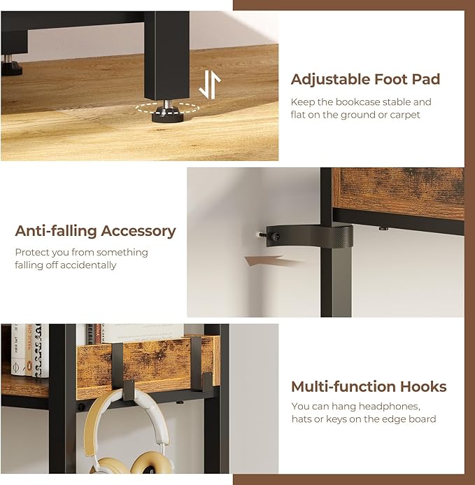 Rolanstar Bookshelf 5 Tiers, Triple Bookcase with Open Display Shelves, Industrial Wide Bookshelf with Metal Frame for Living Room, Office, Rustic Brown