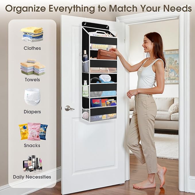 2 Pack Over The Door Organizer, Hanging Storage Organizer with Clear Window, 40lb Ultra Sturdy Large Capacity Room Organizer for Pantry Laundry Bathroom Nursery Closet (Black)